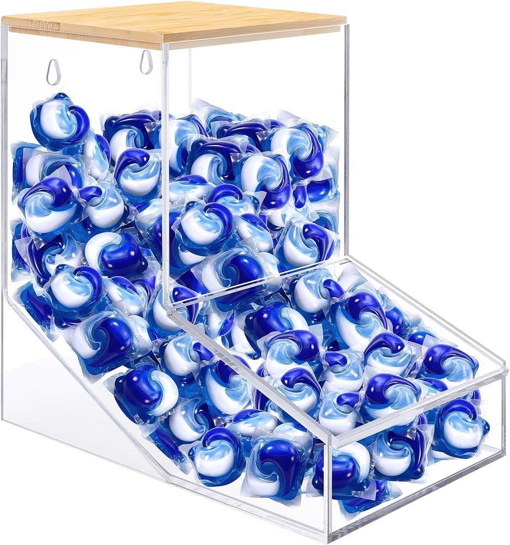 TCJJ Acrylic Laundry Pods Container & Dishwasher Pods Holder - Wall Mountable & Freestanding Dispenser with 2 Lids for Powder, Dryer Balls, Beads - Sturdy 3mm Clear Acrylic Design Fits Any Home Decor