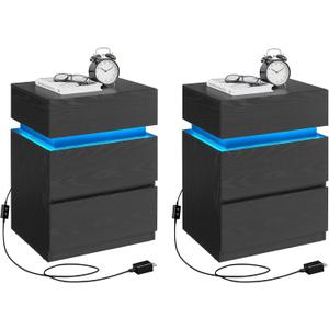 VASAGLE Nightstands with LED Lights, Set of 2, Adjustable Light Colors, Bedside Tables, Side Tables with 3 Drawers, Modern Style, 13.8 x 15.7 x 21.7 Inches, Ebony Black ULET799T58
