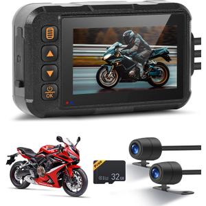 Dual Channel Dash Cam for Motorcycle, 3" HD IPS Screen, 720P Front and 480P Rear, Parking Monitoring, G-Sensor, Motion Sensing, Loop Recording, IP67 & HDR, for All Motorcycles