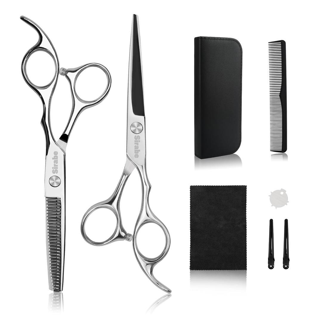 Hair Cutting Scissors Thinning Shears Kit, 6.5 inch Professional Haircut Scissors for Beard Trimming Shaping with Comb Case, Hairdressing Shears Set (Silver)