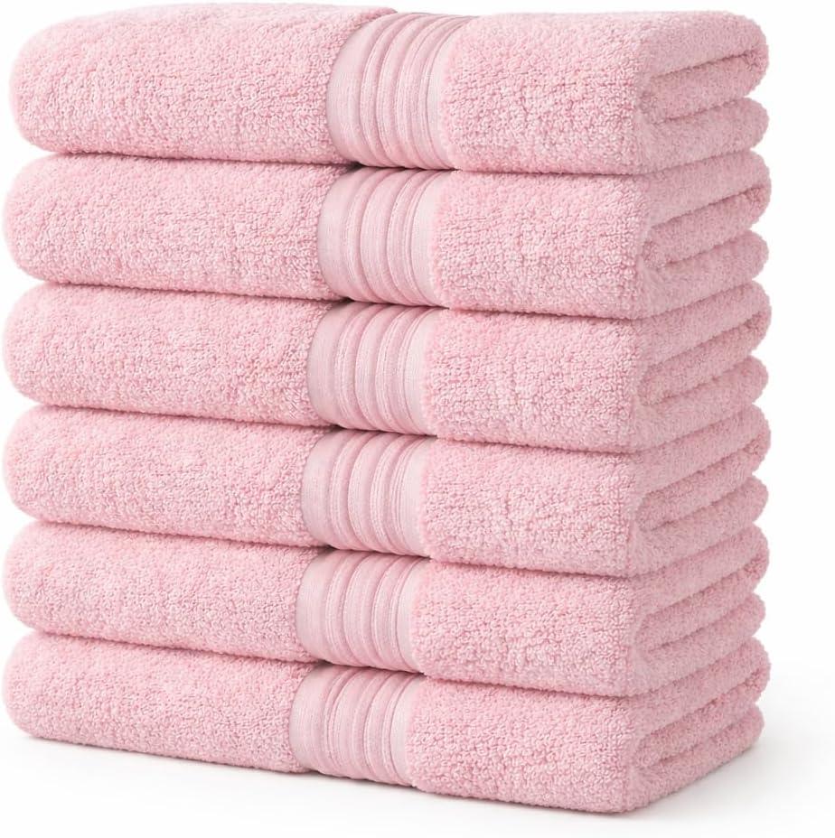 6 Pack Hair Towels 20”x38” – 100% Ring Spun Cotton Towels,Ultra Soft, Quick Dry & Highly Absorbent – Lightweight Towels for Bathroom, Hand, Gym, Salon & Home – Oeko-Tex Certified (Pink)