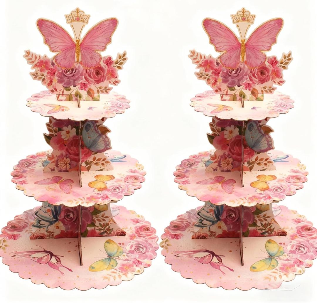 3 Tier Cardboard Cupcake Stand with Butterfly Decoration Assembled Dessert Stand for Birthday Parties Girls and Boys (2PCS)