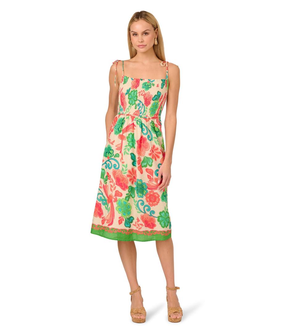 Adrianna Papell Day Women's Smocked Printed Placement Dress, Ivory Multi, 12