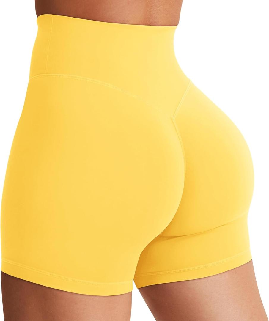 YEOREO Women's Biker Shorts 3.6" /4.5" / 6" Workout Gym Shorts Craze High Waist Tummy Control Hidden Scrunch Running Yoga (Large, Yellow)