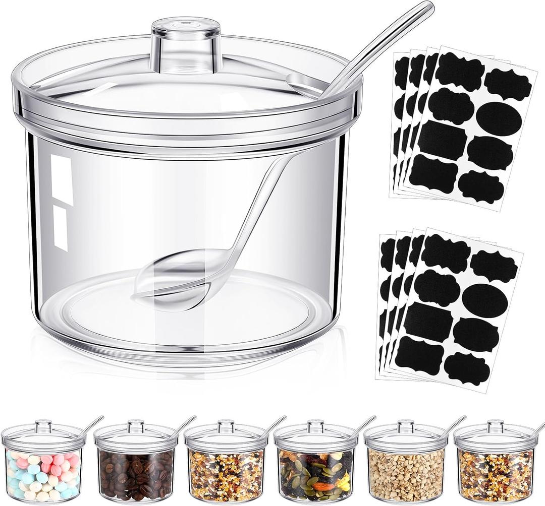 Tioncy 6 Pieces Acrylic Sugar Containers for Countertop Clear Sugar Holder Dispenser Salt Bowl with Lid and Spoon with Tag for Serving Condiment Candy Coffee Tea Spices Herbs (7.1 oz)