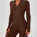 OLCHEE Womens Long Sleeve Workout Jumpsuit Seamless Ribbed Tummy Control Yoga Bodycon Zip Up One Piece Unitard Sculpt Rompers (Brown, S)