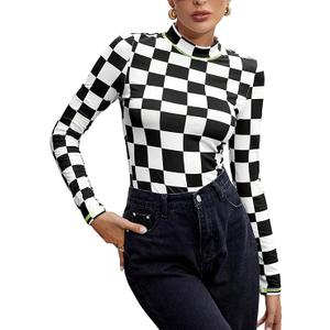Women's High Neck Long Sleeve Slim Fit Stretch Striped T-Shirts,  Size M