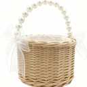 Wedding Flower Girl Basket with Bow, Pearl Handle Flower Basket, Cute Handwoven Wicker Rattan Basket and Home Decor