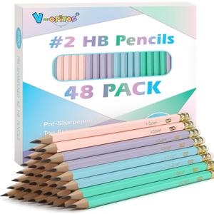V-Opitos Wood-Cased #2 HB Pencils, 48 Pack Pre-Sharpened Pencils with Top Erasers, Bulk Pastel Color Pencils for School Teacher Supplies, Writing, Drawing and Sketching