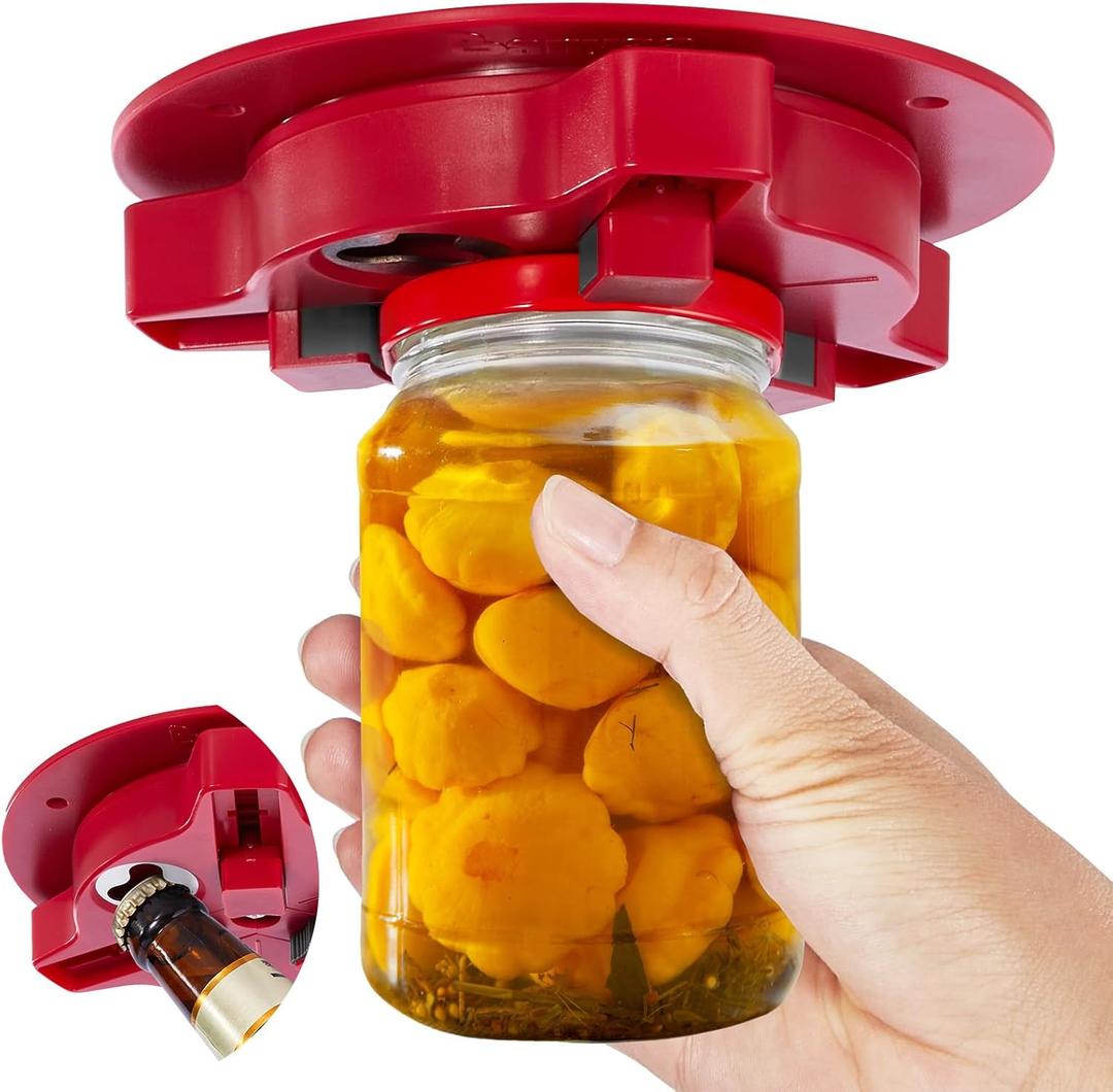 Banyaa Jar Opener Bottle Opener for Seniors with Arthritis - Under Cabinet Jar Opener for Weak Hands, Rotary Lid Opener, Easy Twist-Off Lids for Jars & Bottles, Original Kitchen Gadgets (Red)