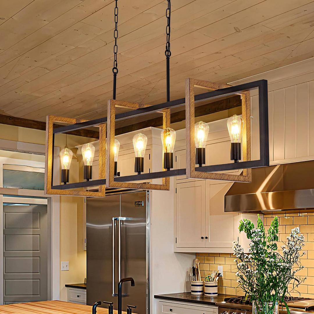 Wellmet Black Kitchen Island Chandelier, Farmhouse Modern Pendant Light Dining Room, 7-Light Wooden Paint Pendant Light for Living Room, Dining Table, Kitchen, Hallway, Restuarant