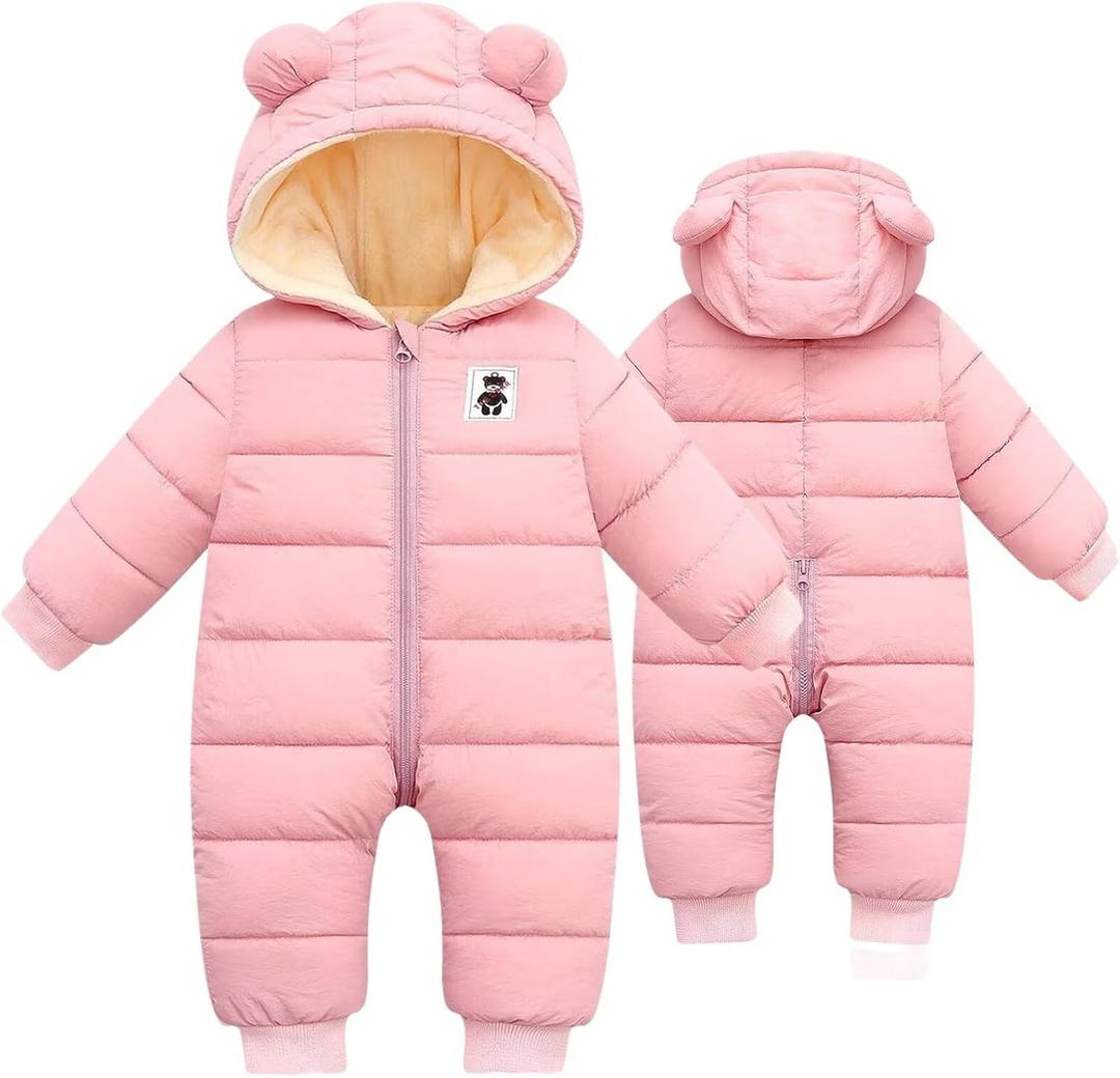 BYFRI Baby Boys Girls Snowsuit Newborn Cozy Winter Coat Infant Bear Hooded Jumpsuit Toddler Snow Outfit for 0-6 Months (Pink)