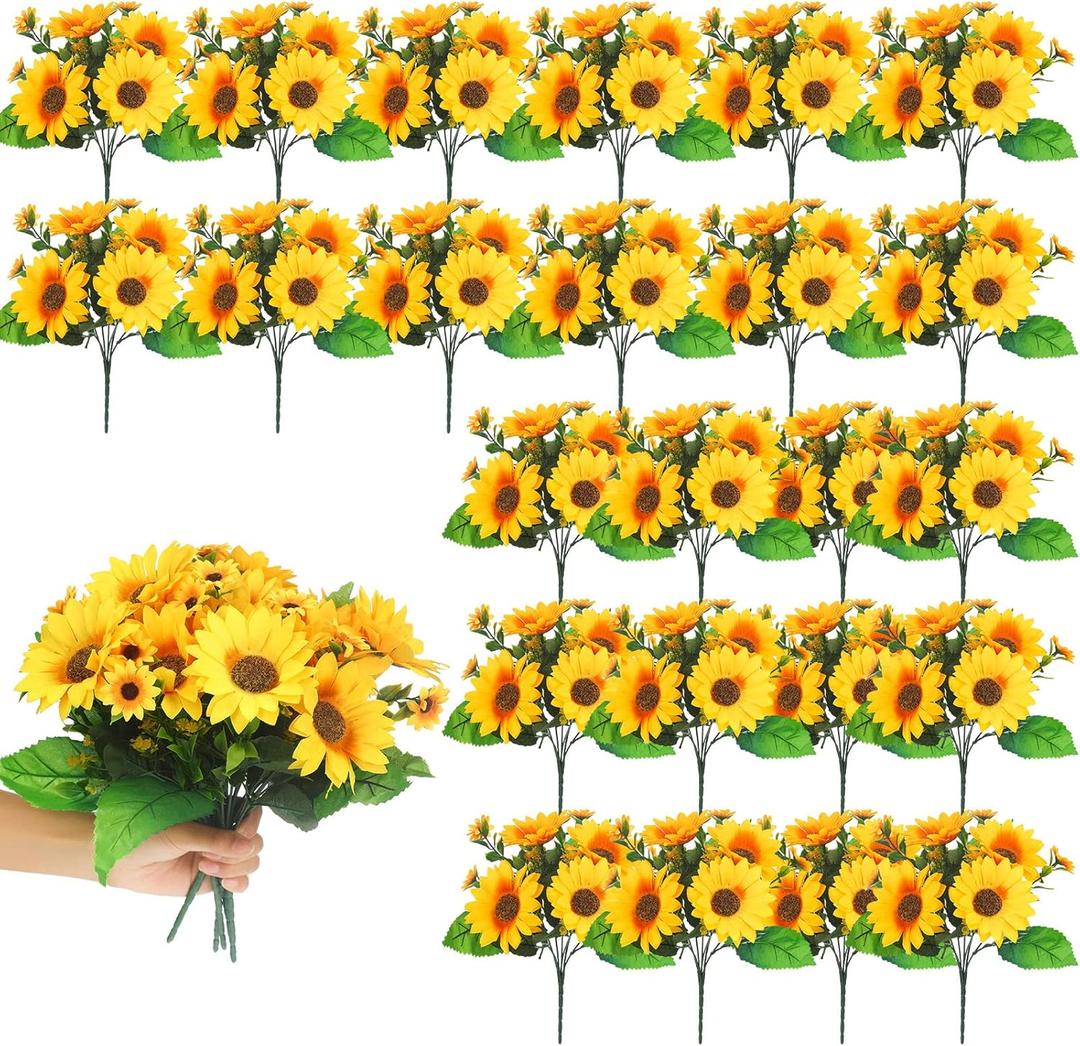 Redbaker 24 Bundles Sunflower Faux Mums for Outdoor Artificial Flower with Stems Bouquet Fake Plants Bulk UV Resistant Plastic No Fade Wedding Fall Garden Home Window Decor (Little Sunflower,Yellow)