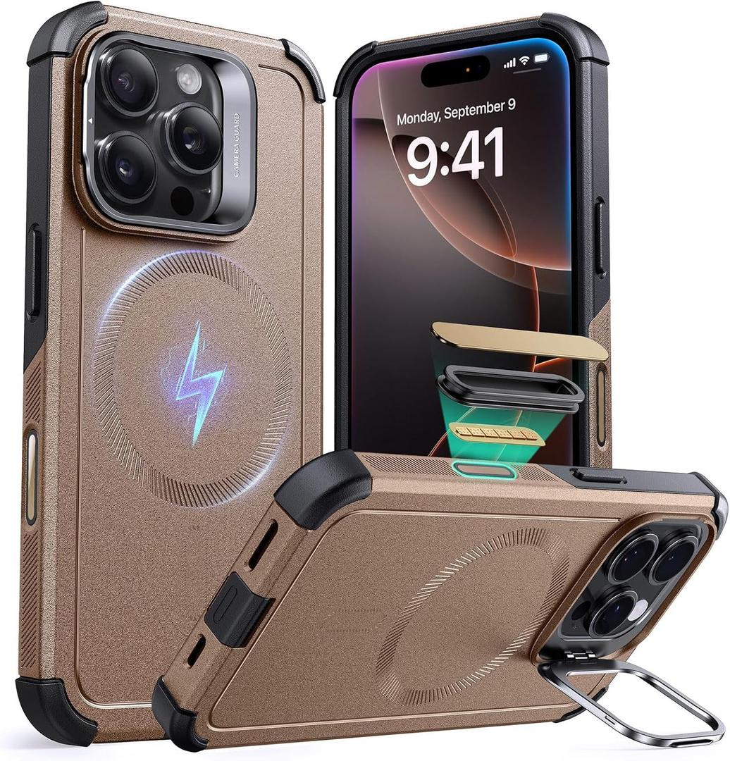 ESR for iPhone 16 Pro Max Case with Stash Stand, Camera Control, 23FT Military-Grade Shock-Absorbing Drop Protection, Compatible with MagSafe Accessories, Magnetic Cyber Series, Gold