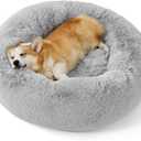 Bedsure Calming Dog Bed for Medium Dogs - Donut Washable Medium Pet Bed, 30 inches Anti-Slip Round Fluffy Plush Faux Fur Cat Bed, Fits up to 45 lbs Pets, Pale Grey