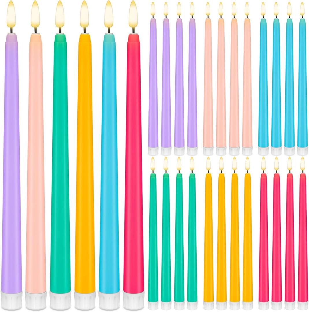 Baquler 24 Pcs 11'' Pastel Flameless Taper Candles Colorful LED Candle Sticks Colored Battery Operated Candle Pink Plastic Flickering Candlestick for Easter Wedding Birthday Dinner Table Party Decor