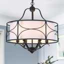 20" Large Black Drum Chandelier - 6 Lights Adjustable Height Modern Farmhouse Pendant Light Fixtures with White Fabric Shade for Kitchen Island Foyer Entryway Living Room Bedroom