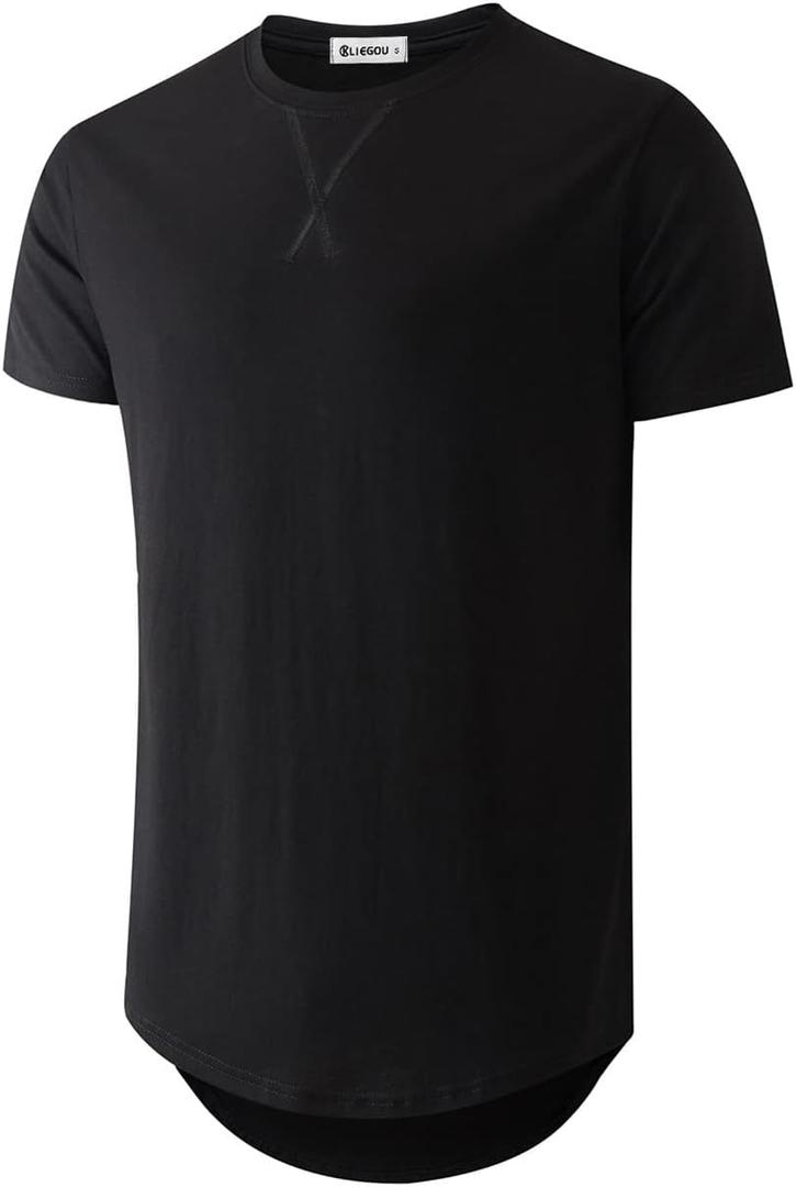 KLIEGOU Mens 100 Cotton Hipster Hip Hop Longline Crewneck T-Shirt Pre - Shrunk XL (Black)