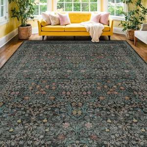 Vintage Dark Green Living Room Rug, 8x10 Washable Area Rugs for Dining Room Under Kitchen Table, Bedroom, Oriental Low Pile Stain Resistant Non-Slip Large Carpet (8x10 Dark Green)