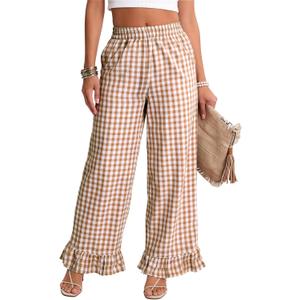 Flygo Women's Gingham Pants Y2K Cotton Wide Leg Ruffle Hem Lounge Pants Plaid Elastic Waisted Trouser with Pockets (Brown, M)