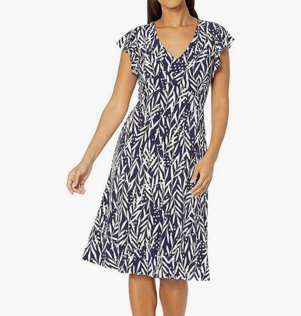 London Times Womens V-Neck Ruffle Sleeve Matte Jersey Dress Casual Summer Fun Easy Wear to Brunch Size 24W