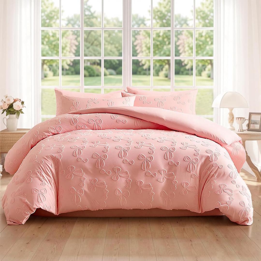 7 Pieces Bow Comforter Set for Girls Kids Pink Tufted Boho Bedding Set Full Size Farmhouse Bed in A Bag as Gifts (1 Comforter, 1 Flat Sheet, 1 Fitted Sheet, 2 Pillowcase and 2 Pillow Sham)