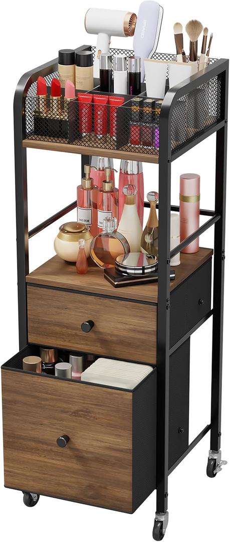 HapiRm Rolling Makeup Cart Organizer - Floor Skincare Make Up Storage with 2 Non-woven Fabric Drawers, Vanity Organizer Cosmetic Display Cases Holder for Skin Care Perfume Nail Polish Brush Hair Tool (Black)