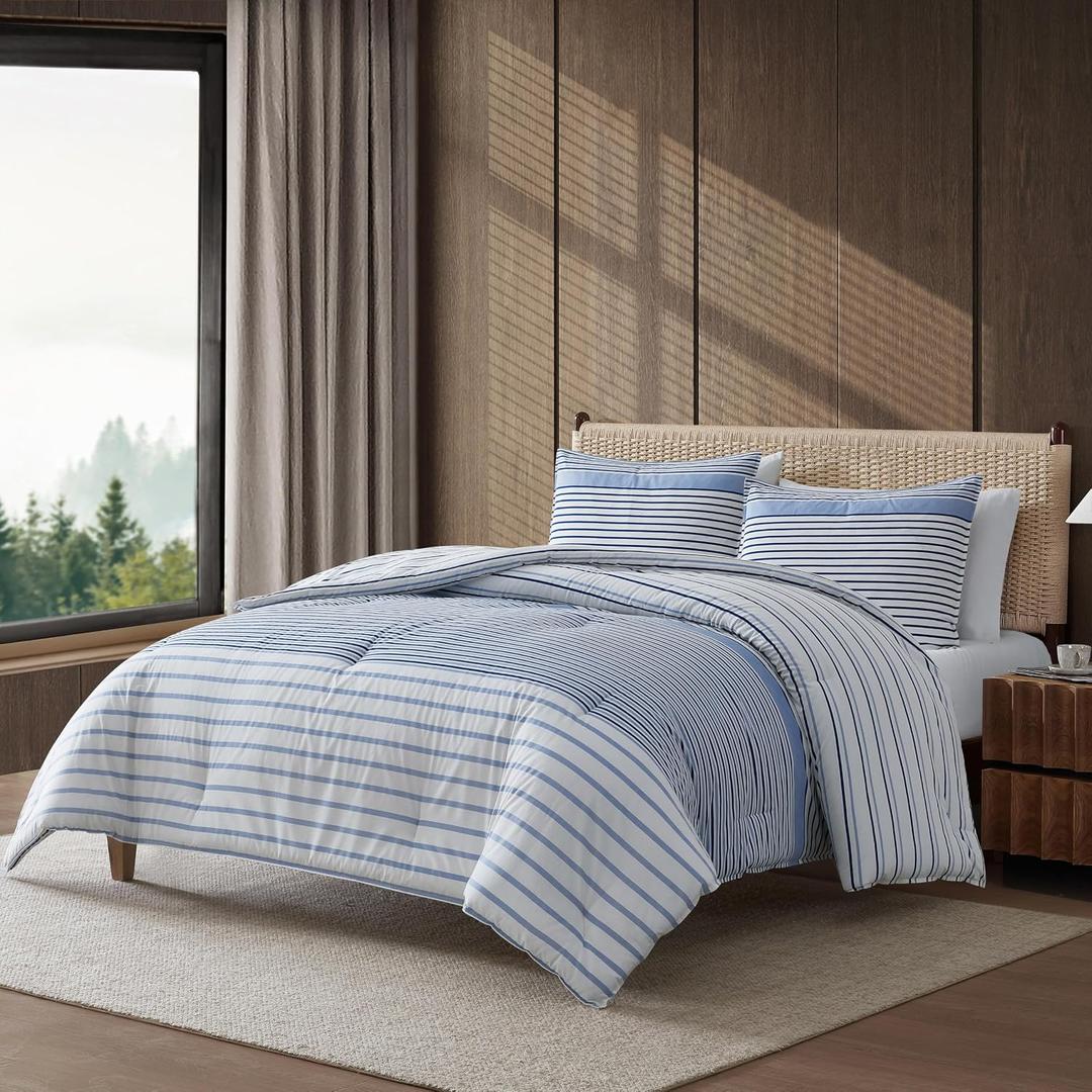 Eddie Bauer - Twin Comforter Set, Cotton Bedding with Matching Sham, Two-Piece Back Closure, Dorm Essentials (Cooper Stripe Blue)