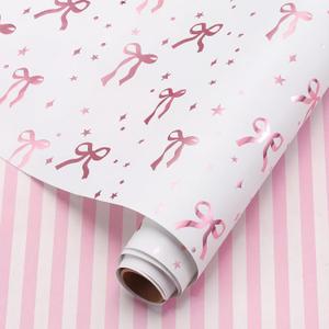 Pink Bow Gift Wrapping Paper Roll Gold Foil Coquette Bow Gift Wrap 17 x 118 Inch Pink White Striped Wrapping Paper for St. Patrick's Day Girl Birthday Baby Shower Wedding Party Supplies