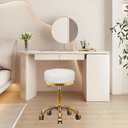 Gold Rolling Vanity Stool with Wheels (White, Without Back) Padded Seat Heavy Duty Stools, 360° Rotation Adjustable Round Rolly Chair, Silla de Pedicura Salon Spa Massage Esthetician, 14"D x 14"W x 22"H