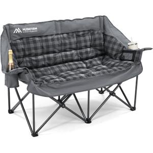 Double Camping Chair Padded 2 Person Camping Chair Camping Loveseat - Heavy Duty Oversized Camping Couch for Adults Outdoor Lawn Beach - Portable Folding Sofa with Cup Holders and Carry Bag, Grey