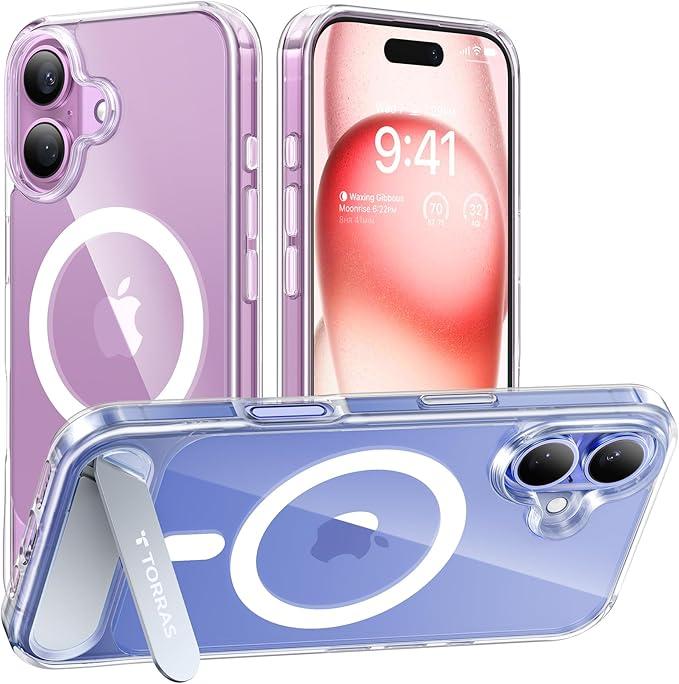 TORRAS for iPhone 16 Case Diamond Clear | Strong Magnetic & Seamless Stand, Fit for MagSafe, MilitaryGrade Drop Protection, Sturdy Adjustable Builtin Kickstand, Slim AntiYellowing