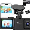 Dash Cam Front and Rear: 4K Dual Channel Dash Cam - 5GHz WiFi, Dash Camera for Cars with 64GB Card, 2" IPS, App Control, G-Sensor, Loop Recording, 170 Wide Angle, Night Vision, 24H Parking Mode Black