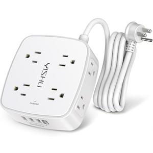 6 Ft Surge Protector Power Strip - 8 Widely Outlets with 4 USB Ports, 3 Side Outlet Extender with 6 Feet Extension Cord, Flat Plug, Wall Mount, Desk USB Charging Station, ETL,White