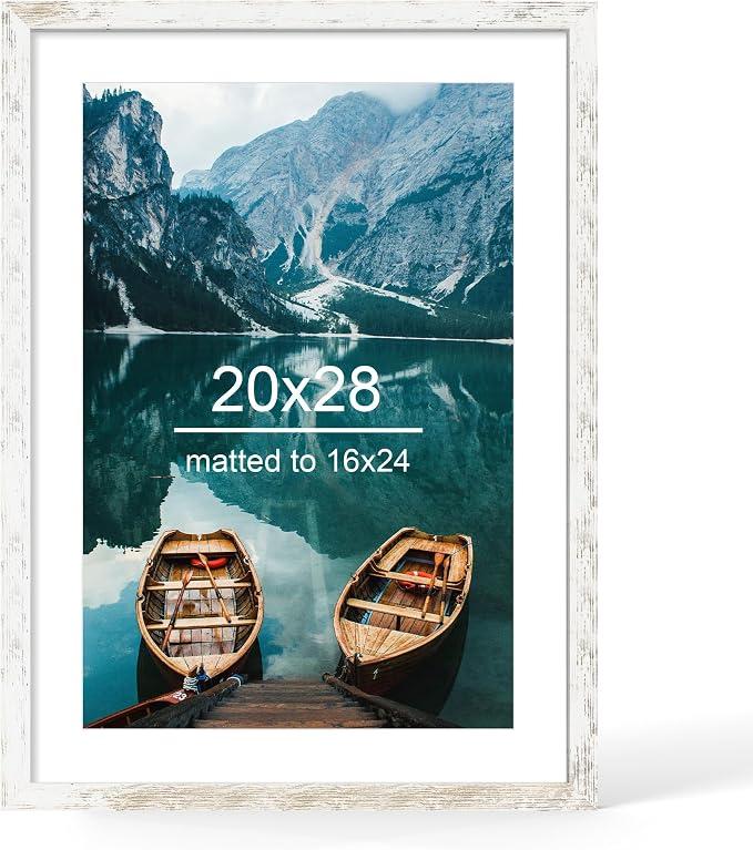 Hongkee 20x28 Picture Frame, Distressed White Wood Style, Wall Mounting, Distressed White