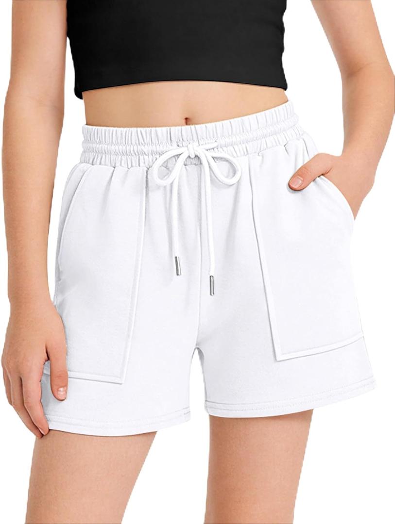 BOOPH Girls Casual Cargo Shorts Athletic Running Shorts with Pockets for Kids Summer 5-14 Years (White)