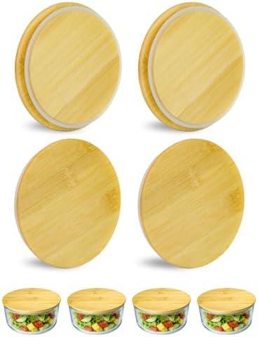 TERESRY Replacement Wooden Lids for Pyrex, Anchor Hocking Glass Containers 7200 * 4, Bamboo Lids for Pyrex 2Cup Glass Bowls, Bowl Covers with Leakproof Silicone Gasket 4 Pack