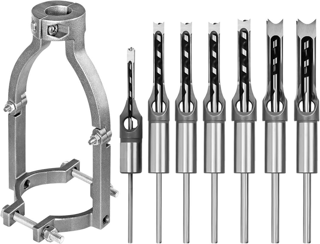 Square Hole Drill Bit & Adapter Set,Wood Mortiser Drill Bit Attachment,Mortising Chisel Set Drill Press Hollow Chisel Mortise Drill Tool for Mortise Machine (1/4, 5/16, 3/8, 2/5, 1/2, 9/16, 5/8")