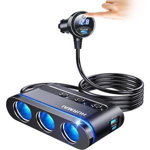 Cigarette Lighter Splitter,3 Socket Cars Cigarette Lighter Adapter,Heavy Duty Truck USB Chager Multi Port with PD30W/QC3.0 USB C 12/24V Car Plug Outlet with LED Voltage Display Independent Switches