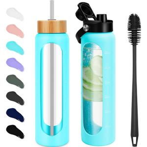 FULBEVY 32 oz Glass Water Bottles - 1 Liter Motivational Tumbler Water Bottle Time Marker - Borosilicate Glass Water Bottle With Silicone Sleeve and 2 Lids, Handle Spout & Bamboo Straw Lid