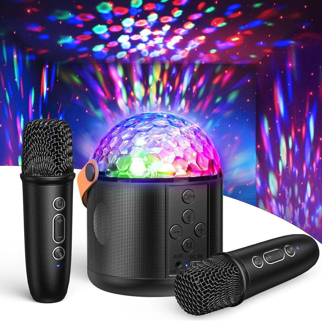 Karaoke Machine with Disco LED Lights for Adults Kids, Portable Bluetooth Speaker with 2 Wireless Microphone Toys Easter Birthday Gifts for Boys Girls Family Home Party (Black)