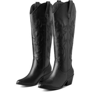 Erocalli White Cowgirl Boot Cowboy Boots for Women Embroidered Pull-On Chunky Stacked Heel Knee High Western Boots, (W9, Black)