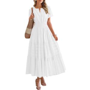 BTFBM Womens Summer 2026 Casual Midi Maxi Dresses Lightweight Short Sleeve V Neck Elastic Waist Boho Beach Dress Pockets (Large, White)