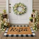 Drydiet 2 Pcs Easter Layered Coir Doormat Set He is Risen Welcome Front Door Mat with Black and White Buffalo Plaid Outdoor Rug Non Slip Porch Entryway Rug for Indoor Outdoor Farmhouse Decor