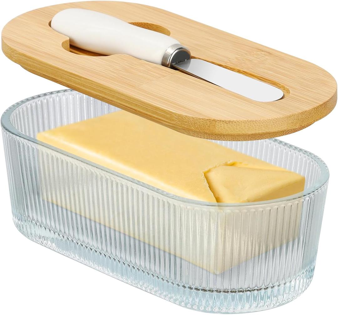 Butter Dish with Lid, Butter Container for Countertop, Butter Tray Butter Keeper with Bamboo Lid and Stainless Steel Knife, Glass Butter Dish Perfect for East/West Coast Butter (Vertical grain)