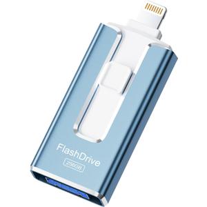MFi Certified Flash Drive for iPhone 256GB, Photo Stick Memory Stick for iPad, USB Thumb Drive for Photos Videos Transfer & Backup, External Storage Compatible for iPhone/Android/PC/Mac (Light Blue)