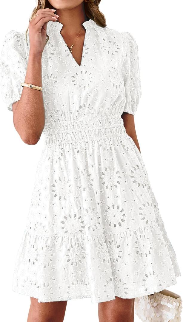 BerryGo Womens Summer Eyelet Embroidery Lace Boho Mini Dress (White, L)