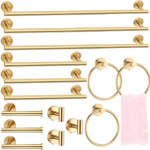 Gisafai 15 Piece Bathroom Hardware Set, 23.6 Inch Brushed Towel Bar Ring Toilet Paper Holder Robe Towel Hook, Sus304 Stainless Steel Bathroom Accessory Set Wall Mounted(Gold)