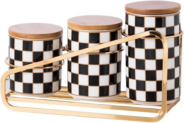 Kitchen Countertop Ceramic Canisters Set, 3Pcs Grid Pattern Kitchen Jars with Layered Shelves, Sealed Countertop Flour and Sugar Containers, Coffee and Tea Storage