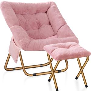 Comfy Saucer Chair, Foldable Living Room Chairs, Soft Faux Fur Lounge Chair for Bedroom, Reading Chairs for Adults, Kids, Size X-Large (Pink)